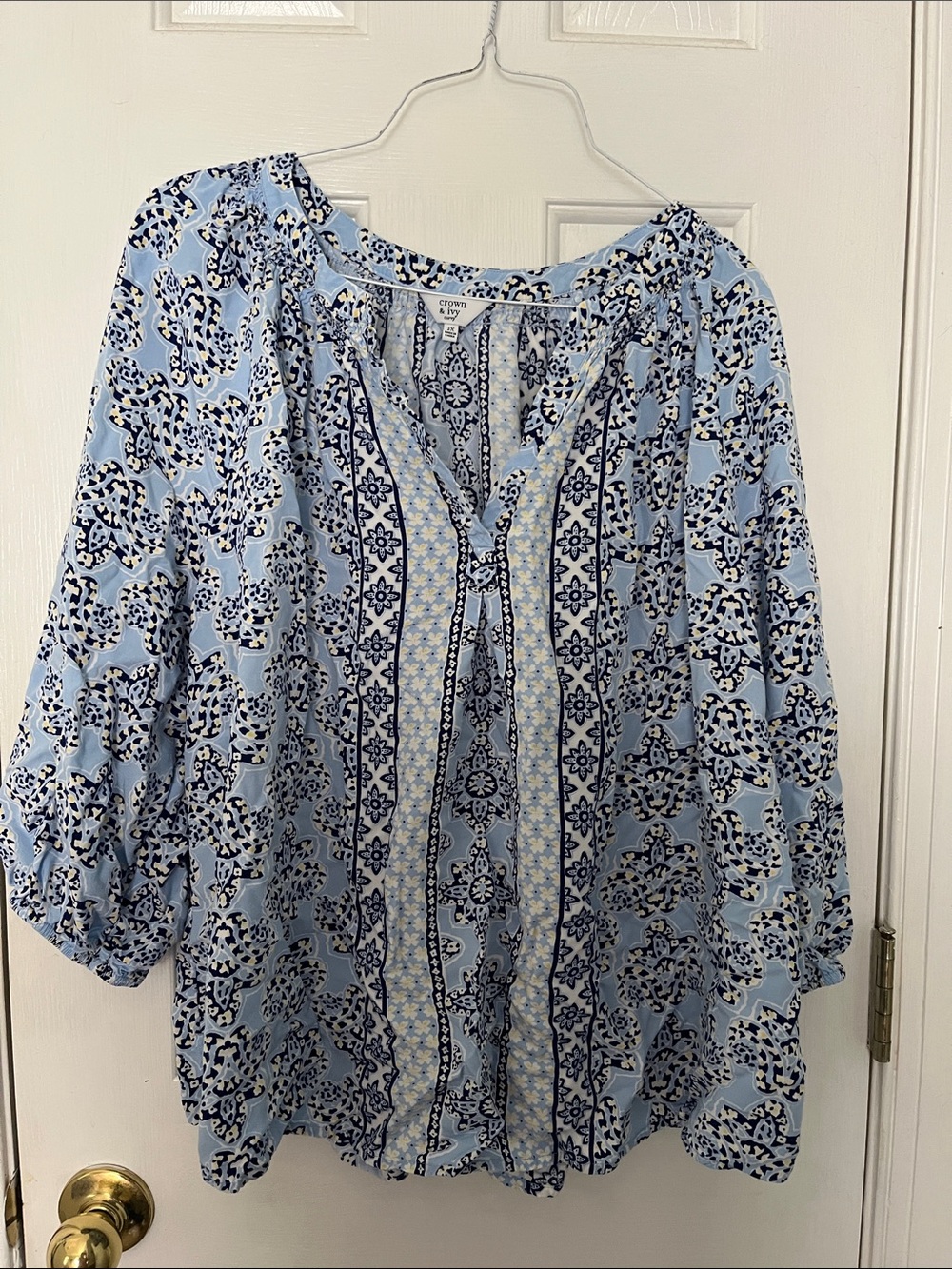 crown & ivy Light Blue Printed Peasant Tunic with Navy Accents